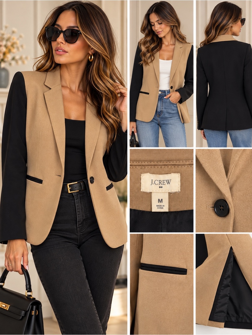 J.Crew Colorblock Blazer Camel Black Cotton One Button Preppy Classic Sz Mediun